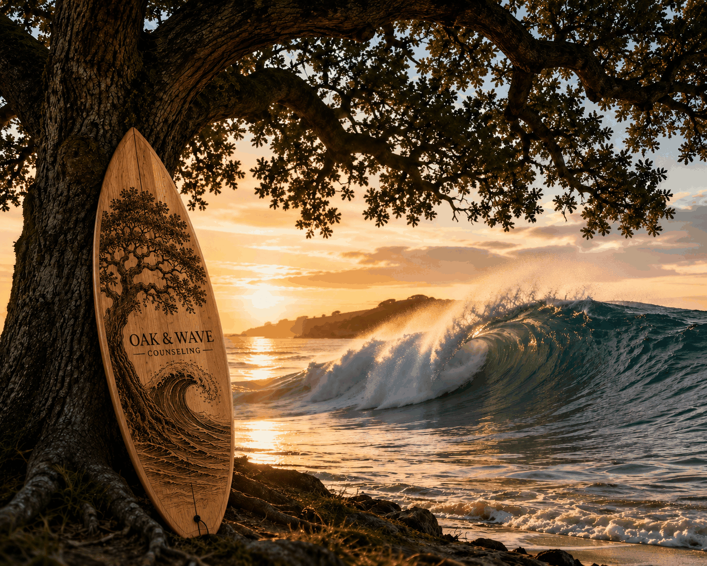 Hand-carved Oak & Wave surfboard against a warm coastal sunset