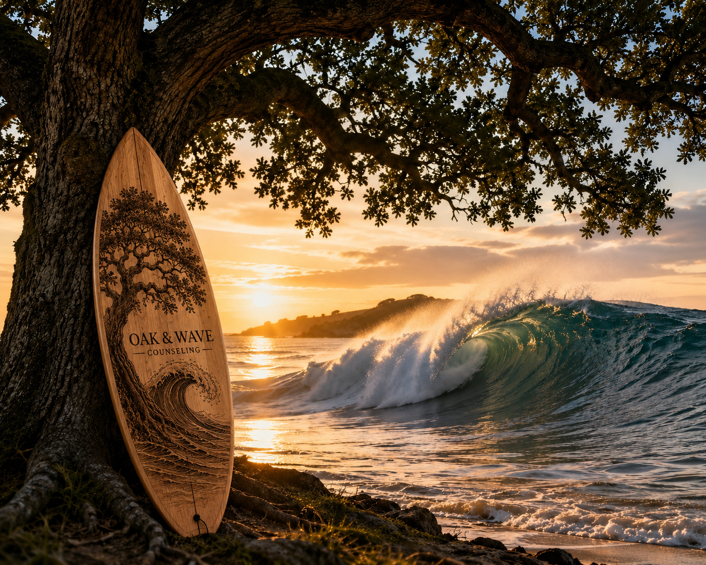 Oak branches over a calm ocean at sunset